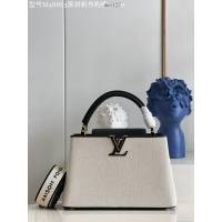 LV專櫃2023新款Capucines MM手袋 M48865黑拼帆布刺繡 路易威登Capucines搭蓋手提肩背女包 dn1127