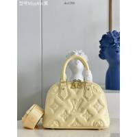 LV專櫃2023新款絎縫牛皮革刺繡Monogram圖案手提女包 M59821黃 路易威登Alma BB手袋貝殼包 dn1200