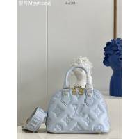 LV專櫃2023新款絎縫牛皮革刺繡Monogram圖案手提女包 M59822藍 路易威登Alma BB手袋貝殼包 dn1201