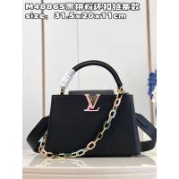 LV專櫃2023新款Capucines中號手袋 M48865黑拼粉環扣鏈條款 路易威登Taurillon皮革手提肩背女包 dn1256