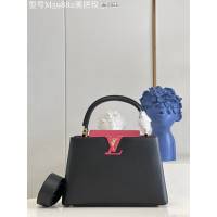 LV專櫃2023新款Capucines MM手袋 M59882黑拼玫 路易威登黑色小牛皮手提肩背包 dn1355