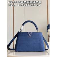 LV專櫃2023新款Capucines MM手袋 M48865霧藍鱷魚拼藍鑽 路易威登手提肩背女包 dn1383