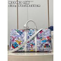 LV專櫃2023新款Keepall Bandoulière 50旅行袋 M21863對版 路易威登描繪 Monogram 圖案卡通形象旅行包 dn1454