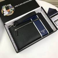 prada手包 普拉達新款皮革手拿包 2NH005 PRADA十字紋牛皮黑+藍手拿包  pyd2245