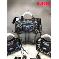 BALENCIAG巴黎世家 歐洲水貨 Balenciaga city小黑釘 限量 原廠爆裂紋羊皮黑白塗鴉  BL1057