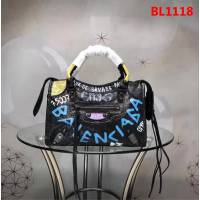 BALENCIAG巴黎世家 歐洲水貨 Balenciaga city小黑釘 限量原廠爆裂紋羊皮黑白塗鴉 手提包  BL1118