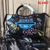 BALENCIAG巴黎世家 Graffiti Classic City38cm機車包 義大利爆裂紋羊皮 手繪彩色塗鴉 手提肩背斜挎包  BL1467
