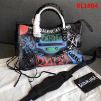 BALENCIAG巴黎世家 Graffiti Classic City30cm機車包 手繪彩色塗鴉  爆裂紋羊皮 手提肩背斜挎包  BL1804