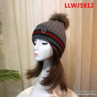 GUCCI古馳 三條杆古琦水鑽搭配狐狸毛球 卷邊毛線針織帽 LLWJ5812