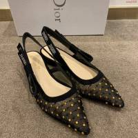 DIOR女鞋 迪奧2021專櫃新款J’ADIOR尖頭涼鞋 Dior網紗燙鑽路跟涼鞋  naq1526