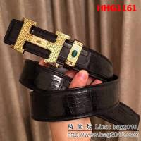 愛馬仕HERMES 純手工無拼接美洲鱷魚肚皮 鑲鑽貓眼石高端男士皮帶 HHG1161
