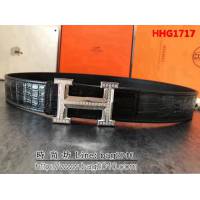 愛馬仕HERMES 最新款原版鋼扣 鱷魚肚皮無拼接 高端男士皮帶 HHG1717