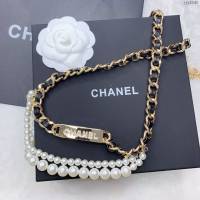 Chanel女士皮帶 香奈兒鏈條字母黑皮腰鏈鏈條拼接搭施華洛水晶腰帶  jjp2140