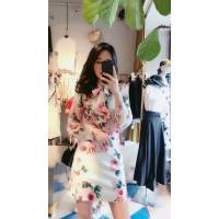 Chanel香奈兒 法國專櫃同步新款 19春夏新款 套裝 雪紡大花 蝴蝶結綁帶 短裙 套裝  xly1163