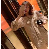 Chanel香奈兒 法國專櫃同步新款 2019夏季新款透視亮片 閃閃亮絲重工連衣裙 甜美飄帶泡泡袖襯衫裙  xly1397