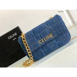 Celine專櫃2022新款絎縫牛仔布革鏈條肩背包 賽琳牛仔布絎縫斜挎女包 sldj2379