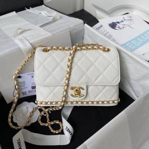 Chanel專櫃23K新款雙C山茶花log扣鏈條肩背女包 香奈兒AS4431黑金荔枝牛皮口蓋包 djc6509