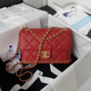 Chanel專櫃23K新款雙C山茶花log扣鏈條肩背女包 香奈兒AS4431黑金荔枝牛皮口蓋包 djc6510
