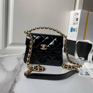 Chanel專櫃漆皮24S新款鏈條女包 香奈兒黑色漆皮牛皮手提肩背斜挎女包AS4472 djc6613