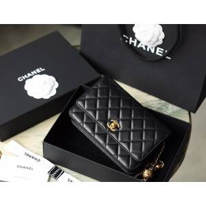Chanel專櫃新款鏈條女包 香奈兒黑色小羊皮菱格紋woc單肩斜挎女包 djc6921