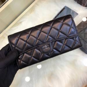 Chanel專櫃經典款女士錢包拉鏈包 香奈兒小羊皮菱格紋cf長款翻蓋錢包80758 djc7047