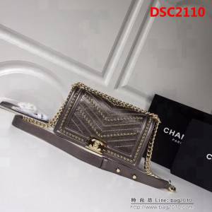 香奈兒CHANEL 銅灰色2018FW款皺紋小牛皮編織V線鏈條單肩斜挎包 DSC2110