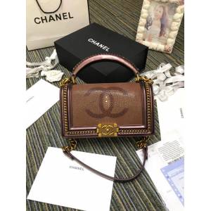 Chanel女包 A94804咖啡色 BOY CHANEL口蓋包 珍珠魚皮拼小羊皮 香奈兒手提包 手拎包 Chanel鏈條斜挎包  djc3090