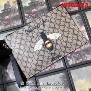 GUCCI古馳 升級版 G家原單 印花裝飾 纖薄手拿包 473904 啡蜜蜂PVC WTG2038