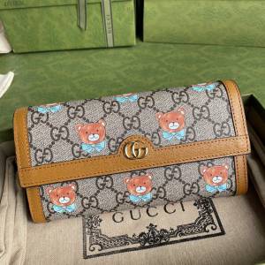 Gucci专柜新款女包, 古驰GG Supreme泰迪熊翻盖式钱包 Gucci长夹 647786  gdj1624