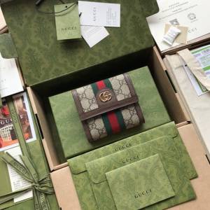 Gucci原厂皮包包 古驰男女GG印花红绿织带翻盖短款钱包 Gucci短夹零钱包 523173  gdj1733