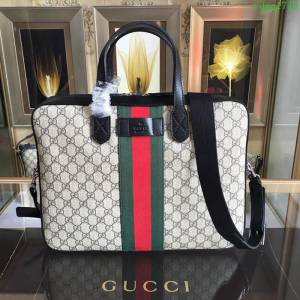 GUCCI 古馳男包 新款 387102 灰白色 高級人造革 男士公事包 Gucci男手提包 可肩背