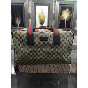 GUCCI 古馳男包 新款 153240 咖色 高級人造帆布 黑色紅色織帶手提 方形包