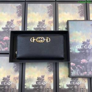 GUCCI古馳錢包 2019新款 Zumi系列 粒面皮革 互扣式G馬銜扣 女款拉鏈長錢包 570661 黑色  ydgq3282