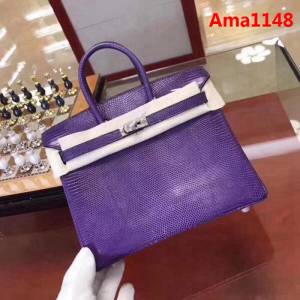 HERMES愛馬仕 鉑金包 Birkin 25cm 蜥蜴 Lizard leather 夢幻紫 銀扣 蠟線手縫 時尚手提包  Ama1148