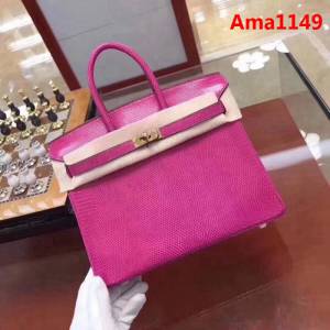 HERMES愛馬仕 鉑金包 Birkin 25cm 蜥蜴 Lizard leather 玫瑰紅 金扣 蠟線手縫 時尚手提包  Ama1149
