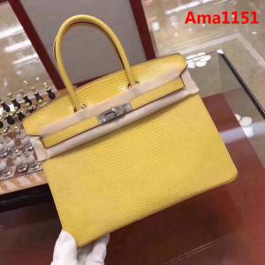 HERMES愛馬仕 鉑金包 Birkin 25cm 蜥蜴 Lizard leather 檸檬黃 銀扣 蠟線手縫 時尚手提包  Ama1151