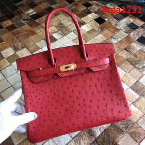 HERMES愛馬仕 鉑金包 Birkin 30 南非原產KK級鴕鳥皮 頂級工藝 大紅 手縫蠟線 手提包  Ama1231