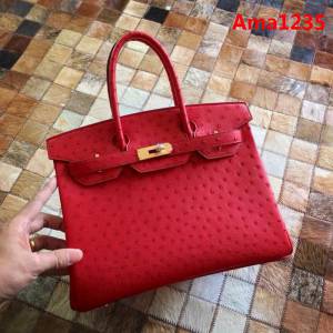HERMES愛馬仕 鉑金包 Birkin 30 南非原產KK級鴕鳥皮 頂級工藝 中國紅 手縫蠟線 手提包  Ama1235