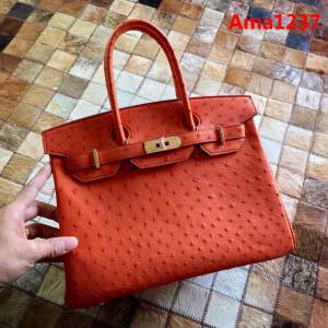 HERMES愛馬仕 鉑金包 Birkin 30 南非原產KK級鴕鳥皮 頂級工藝 血橙 手縫蠟線 手提包  Ama1237
