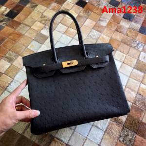 HERMES愛馬仕 鉑金包 Birkin 30 南非原產KK級鴕鳥皮 頂級工藝 黑色 手縫蠟線 手提包  Ama1238