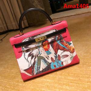 HERMES愛馬仕 凱莉包 kelly 32cm 拼接印花圖案 時尚手提包  Ama1405