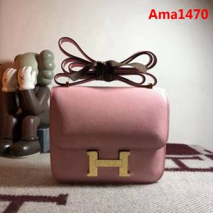 HERMES愛馬仕 空姐包 constance 奶昔粉 EPSOM 18cm 金扣扣 銀扣扣 蠟線縫製 單肩斜挎包  Ama1470