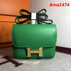 HERMES愛馬仕 空姐包 constance 竹子綠 EPSOM 18cm 金扣扣 銀扣扣 蠟線縫製 單肩斜挎包  Ama1474