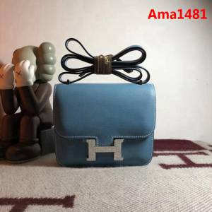HERMES愛馬仕 空姐包 constance 牛仔藍 EPSOM 18cm 銀扣 蠟線縫製 單肩斜挎包  Ama1481