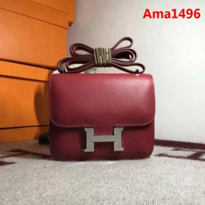 HERMES愛馬仕 空姐包 constance 石榴紅 EPSOM 18cm 銀扣 蠟線縫製 單肩斜挎包  Ama1496