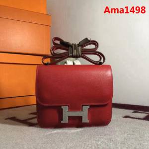 HERMES愛馬仕 空姐包 constance 國旗紅 EPSOM 18cm 銀扣 蠟線縫製 單肩斜挎包  Ama1498