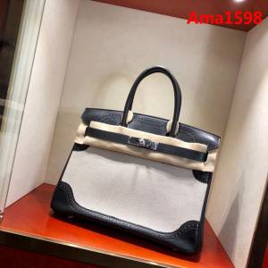 HERMES愛馬仕 鉑金包 Birkin Ghillies 30Cm Swif拼Tc 89 Noir 黑色 銀扣 頂級工藝 手縫蠟線 時尚手提包  Ama1598