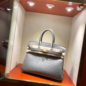Hermes女包 愛馬仕Birkin30cm Hermes鉑金包 Ostrich鴕鳥皮 全手縫蠟線 19 Mousse慕斯灰  am1894