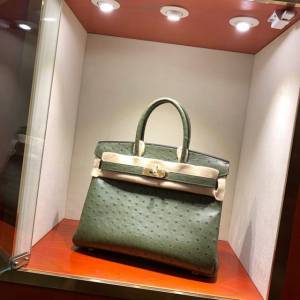 Hermes女包 愛馬仕Birkin30cm Hermes鉑金包 Ostrich鴕鳥皮 全手縫蠟線 67 Vert Fonce深綠色  am1898