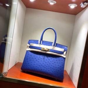 Hermes女包 愛馬仕Birkin30cm Hermes鉑金包 Ostrich鴕鳥皮 全手縫蠟線 7T Blue Htdra電光藍銀扣  am1899